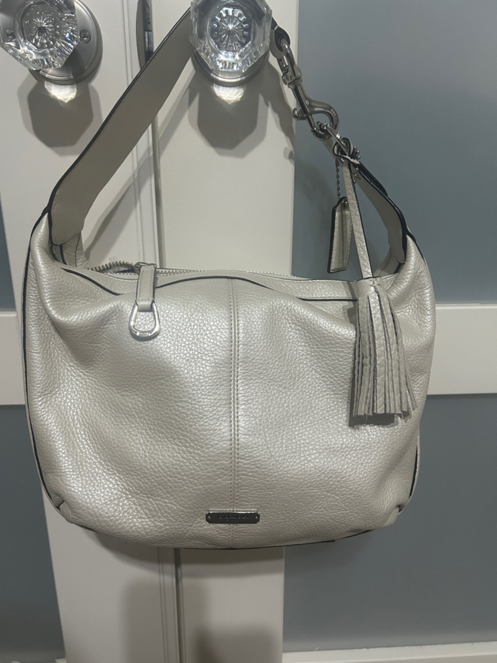 Coach Light Gray Pebbled Leather Shoulder Bag with Tassel F23960